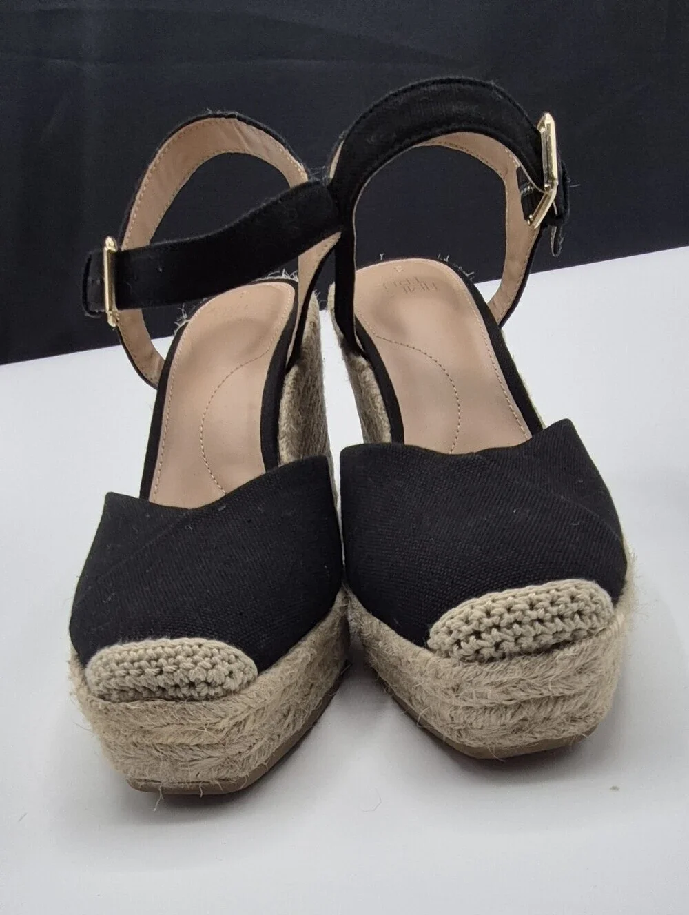 Time and Tru Black Espadrille Wedge Sandals with Ankle Strap